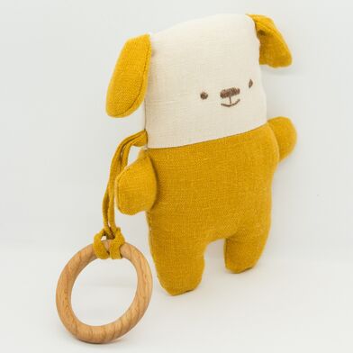 Мягкая игрушка собачка из льна с кукурузным наполнителем, на деревянном колечке