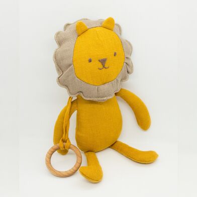Мягкая игрушка лев из льна с кукурузным наполнителем, на деревянном колечке